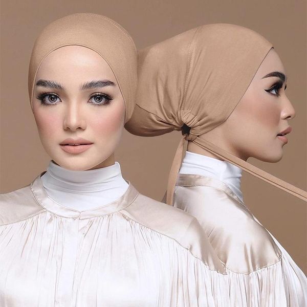 Berretti Beanie/Skull Caps Modal Elastic Bottom Hat Women Tinta unita Arabo Musulmano Turbante Tie Corda Hijab Testa regolabile Wrap Soft Cotton