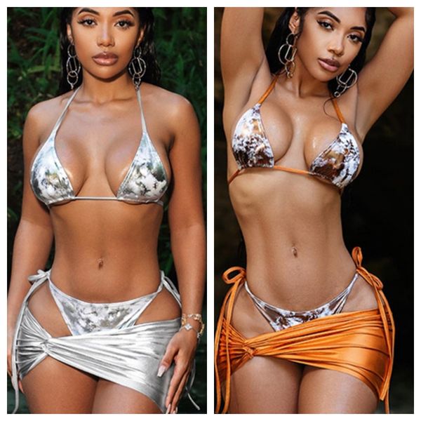 Duas peças Mulheres Mulheres Sexy Praia 3 Conjuntos Tie Tye Print Lace Up Bikni Conjunto Metálico Twist Twist Bodycon Mini Skirts Holiday Summer Ternos 230512