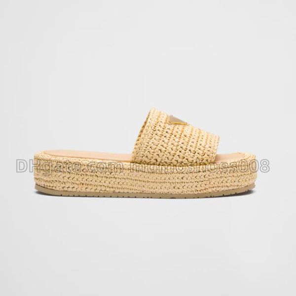 Top quality fabric sandals slippers raffia straw slides womens triangle buckle design sandals thick bottom flat shoes beach sandals slider big sizes wholesale