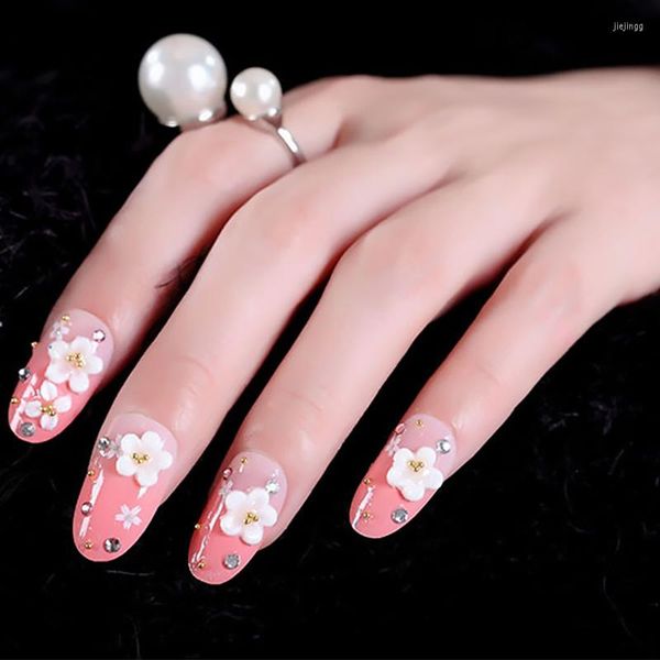 Falsche Nägel DIY Mode Blumendesign Lange Größe Oval Rosa Farbverlauf Nail Art Tipps mit Kleber Mädchen 3D glänzende Strass Fake