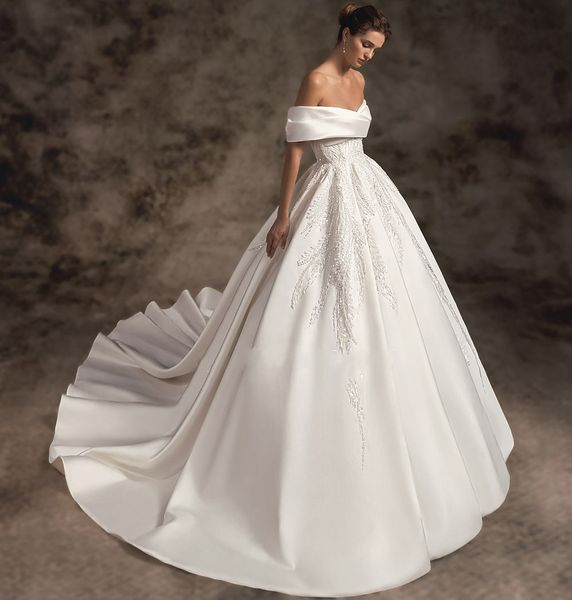 Hochwertiges Satin-A-Linie-Hochzeitskleid mit Perlenstickerei und Applikationen aus der Schulter, Brautparty-Kleider, nach Maß