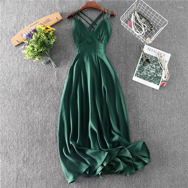 Casual Kleider Grün Lange Sommer Kleid 2023 Frauen V-ausschnitt Party Sexy Backless Spaghetti Strap Maxi Strand Abend Prom Vestidos