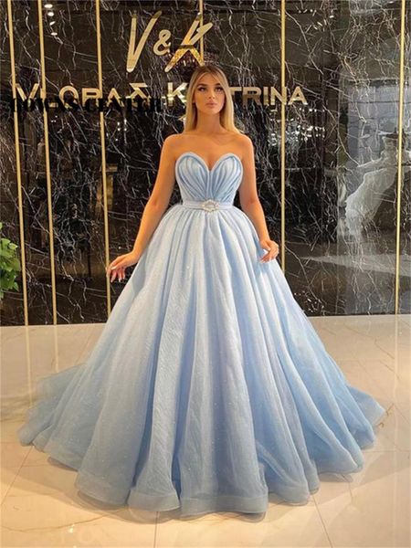 Abiti da festa Abito formale azzurro cielo Elegante sera in tulle per le donne Abiti da cena di compleanno per matrimoni Abito da ballo di una linea con Delt Rob