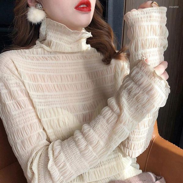 Camicette da donna Camicetta in maglia a maniche lunghe con collo alto da donna Moda coreana Solido Canottiera Pullover Street Blusa Feminina