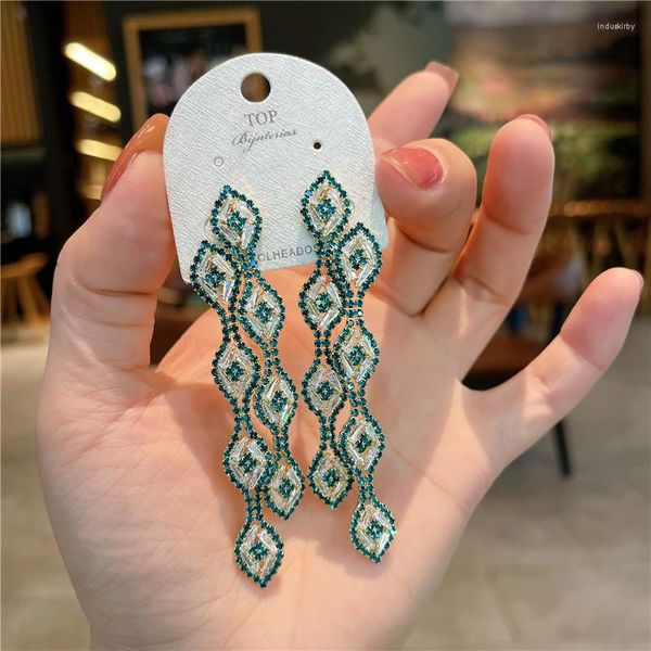 Brincos de pavão penas de pavão verde strassnestones geométricos com franjas exageradas longas para mulheres jóias de festas de festa de moda