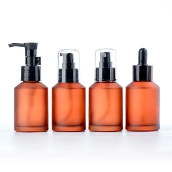 15ml 30ml 60ml 100ml Bottiglia di vetro ambrato Protable Lozione Spray Pompa Contenitore Vuoto Riutilizzabile Viaggio Crema cosmetica Bottiglie di shampoo Presa di fabbrica