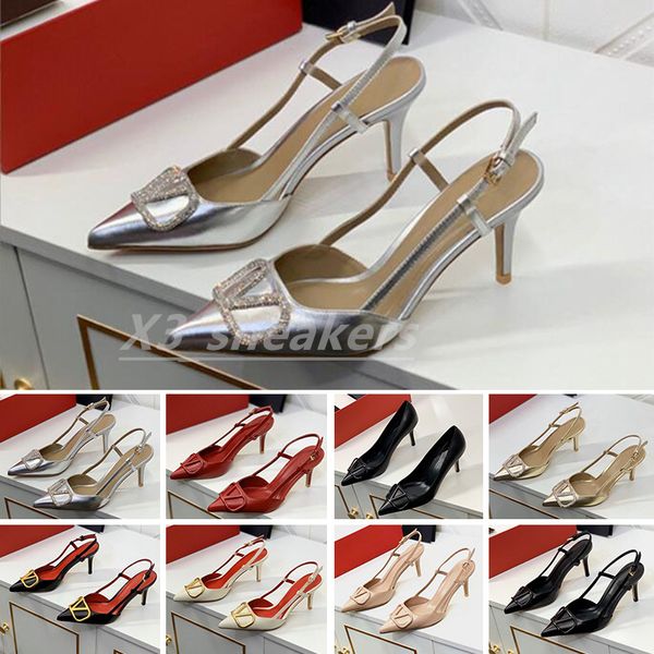 Sandálias de salto alto de marca de luxo feminino verão sapatos pontiagudos clássicos ouro-v fivela de metal 4 cm 6 cm 8 cm 10 cm salto fino vermelho sapatos de casamento com saco de pó 34-44