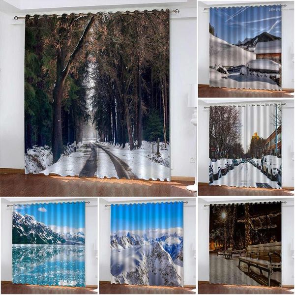 Cortina floresta neve cena 3d Cortinas de impressão belas cenários de cenário quarto quarto cortinas de sala janela plana