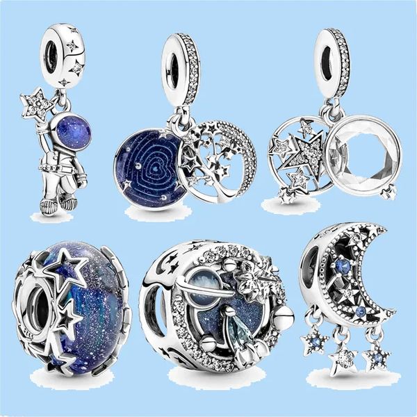 925 Silber Perlen Charms passen Pandora Charm Mond Stern Anhänger Schmuck Astronaut