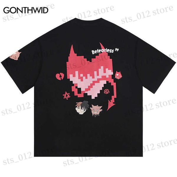 Мужские футболки Hip Hop Tshirt Streetwear Harajuku Devil Heart Cartoon Cartoon Графический принт панк готические футболки негабаритные футболки 2023 Fashion Summer Tops T230512