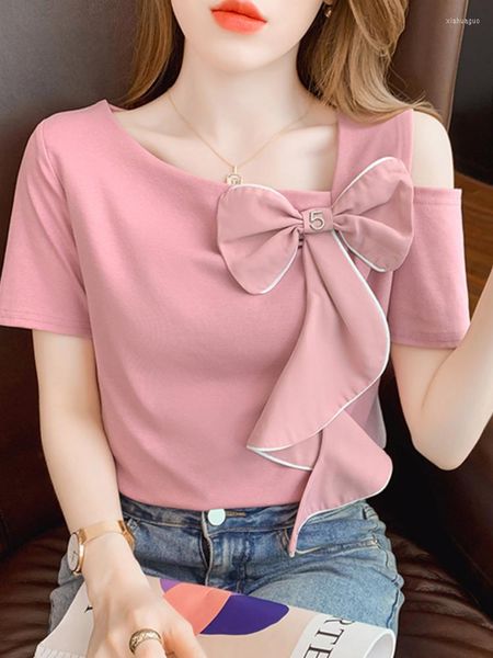 Blouses feminina feminina elegante camisa de manga curta rosa da moda 2023 Summer Modyable Bow Off-the ombro Tops Mujer Blusas femininas