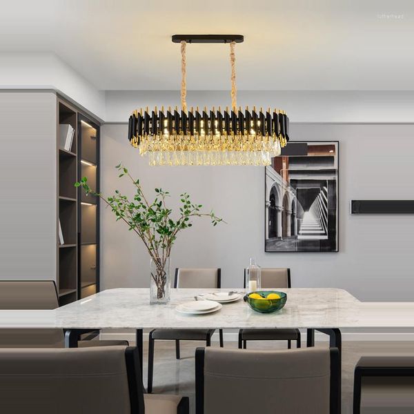 Lampadari Dimmerabile LED Ovale Nero Bianco Argento Oro Cristallo Trasparente Lampadario Illuminazione Lustro Sospensione Apparecchio Lampen Per Sala da pranzo