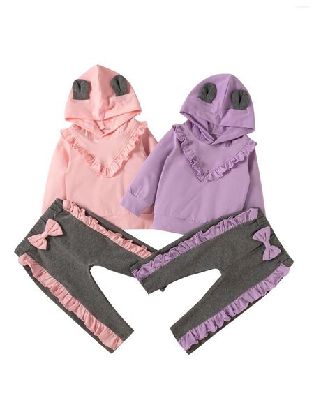 Roupas conjuntos de roupas infantis meninas 2pcs caem roupas casuais com capuz de manga longa e calças de bowknot definidas outono da primavera outono