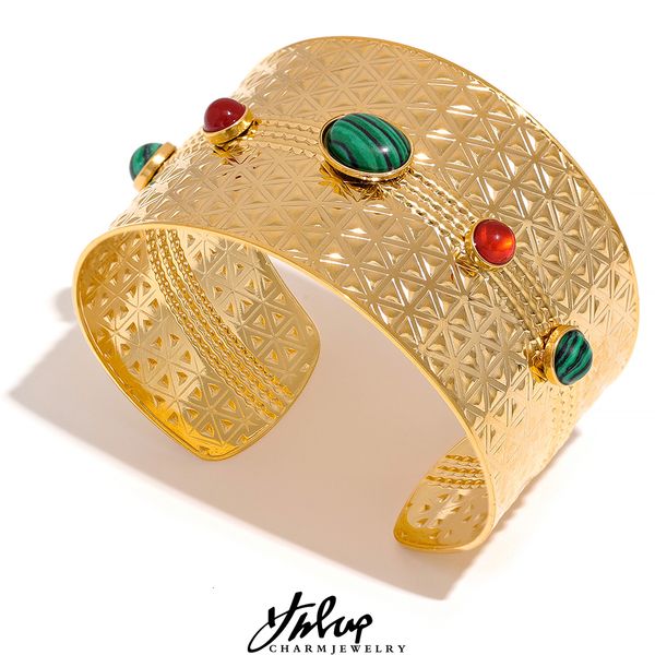 Pulseiras de charme yhpup individualidade pedra natural aço inoxidável aberto pulseira larga pulseira elegante hiperbole dourado jóias à prova d'água da moda 230511