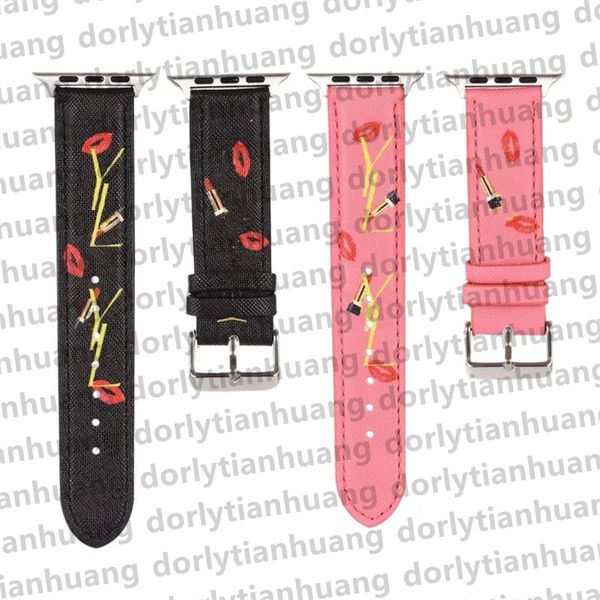 Designer Apple Watch Band Straps de relógio Smart Watch para Apple Watch Series 8 9 2 3 4 5 6 Bandas 38mm 40mm 42mm 49mm Link de reposição Chain Fashion Leather Lipstick Print Bracelet