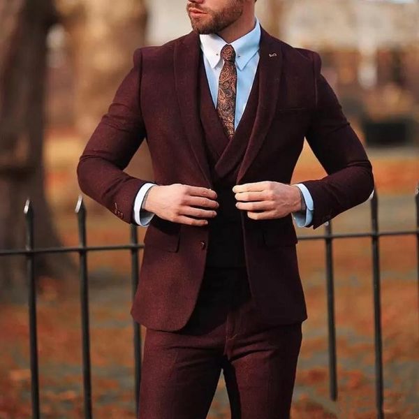 Erkek Suit Blazers Burgundy Vintage 3 PCS yün eğlence düğün smokin özel yapım erkek resmi parti iş damat takım elbise erkek ceket