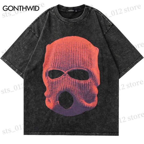 Herren T-Shirts Hip Hop T-Shirt Streetwear Vintage Balaclava Grafikdruck Gewaschenes T-Shirt Männer Harajuku Mode Punk Gothic T-Shirts Sommer Tops T230512