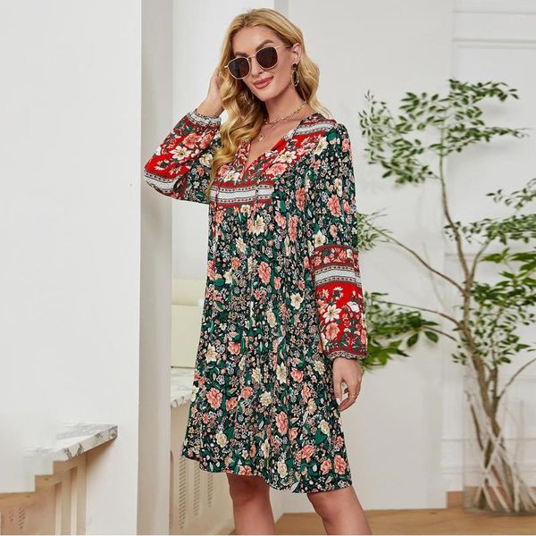 Sıradan elbiseler sonbahar uzun kollu çiçek midi elbise kadınlar 2023 moda boho gevşek tatil zarif vintage kadın kıyafetleri sonbahar