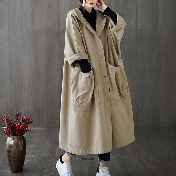 Impermeabili di grandi dimensioni 6XL 140 kg Autunno Trench da donna con cappuccio Cappotto lungo femminile Abbigliamento Cappotto sottile a maniche lunghe