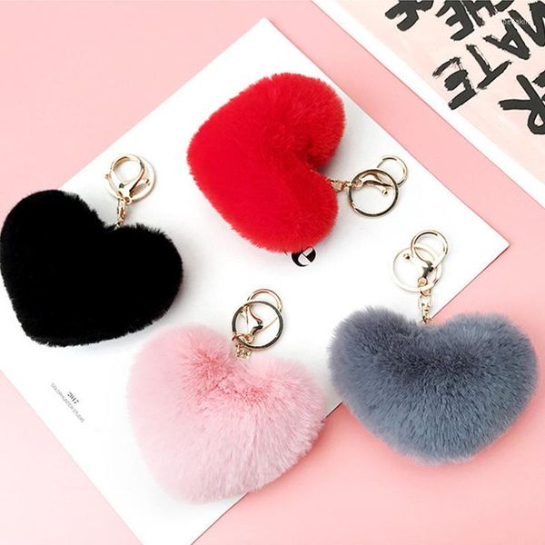 Llaveros Accesorios colgantes Love Hair Ball Bag KeyChain Imitación de piel de Rex Felpa con llavero de corazón de melocotón