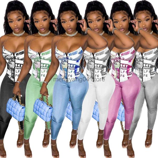 Pantaloni a due pezzi da donna Vintage Dollar Print Corsetto 2 pezzi Estate Sexy Off the Shoulder Corsetto irregolare Top Pantalone Night Club Set a due pezzi Outfit T230512