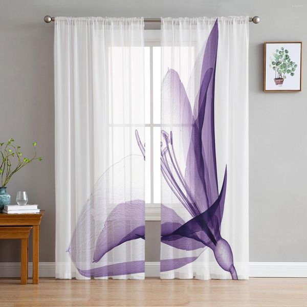 Cortina Flor roxa Bloom Petal Art para sala de estar Cortinas de tule transparente Janela pura a decoração dos acessórios do quarto