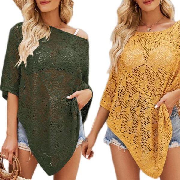 T-shirt da donna Costume da bagno Cover Up per donna O-Collo Hollow Out Swim Coverup Crochet Top Summer 10CD