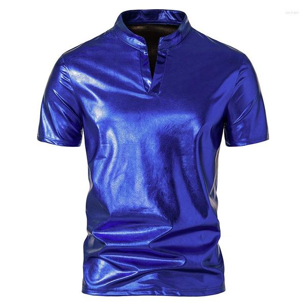 T-shirt da uomo Camicia metallizzata blu royal lucido Uomo Manica corta Anni '70 Disco Dance Stage Streetwear T-shirt Nightclub Party Tee Homme XXL