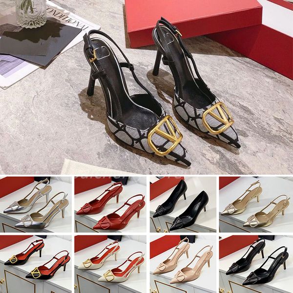 Sandálias de salto alto da marca de luxo feminino designer de verão Sapatos pontiagudos clássicos de fivela de metal Gold-V 4cm 6cm 8cm 10cm Saltos finos de casamento vermelho de casamento com bolsa de poeira 34-44 B46