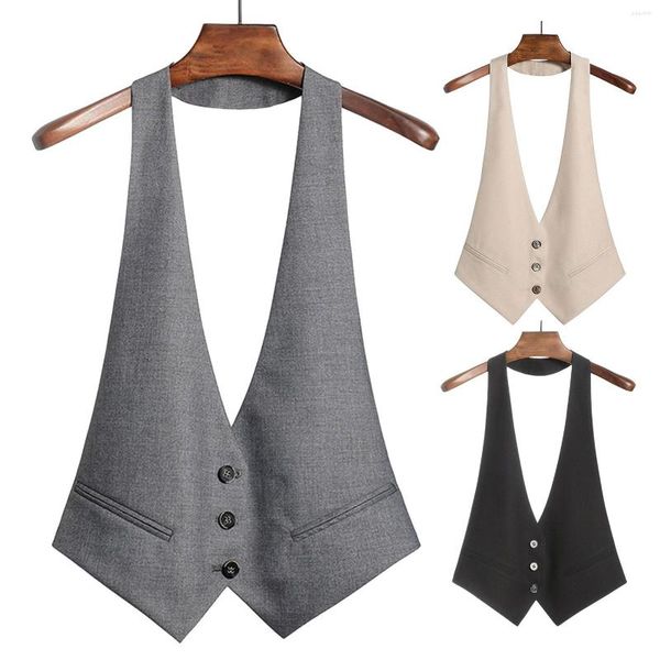 Damen-Westen, einfarbig, Neckholder, rückenfrei, mit Gürtel, zum Binden hinten, Knopfleiste, komplett gefütterte Weste, Weste, Tank-Top, Business-Stil