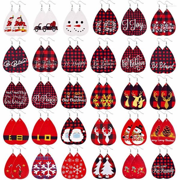 Dangle Küpeler Noel Kırmızı Serisi Deri Drop Noel Baba Maskesi Kafes Desen Barış Aşk Kadın Moda Takı Hediyeleri