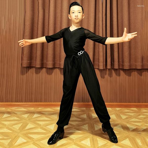 Abbigliamento da palcoscenico Ragazzi Abiti da ballo latino Abito nero Top con scollo a V Pantaloni Sala da ballo Tango Pratica / Costume da competizione Camicia Pantalone L4374