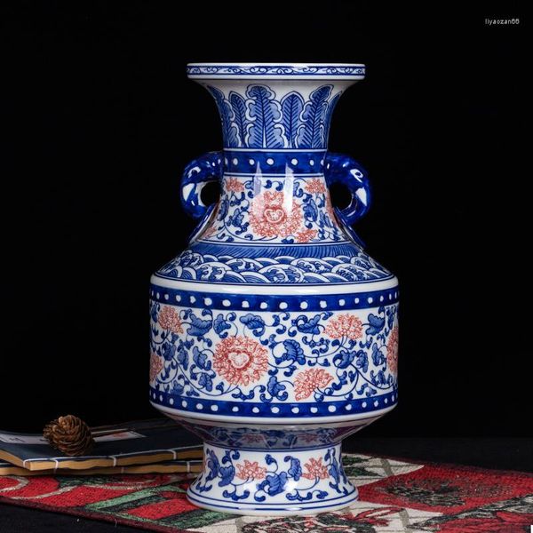 Vasos modernos pintados à mão pintada à mão azul binaural e branca garrafa de cerâmica decoração de decoração da sala de estar arranjo de entrada