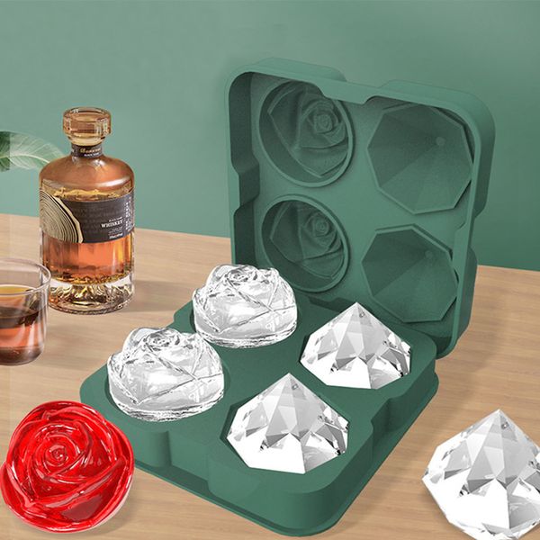 Ferramentas de sorvete Rose Diamond Shape Ice Cube Molde 3D Grande vinho de uísque de silicone Cool Down Down Down Ice com tampa Freezer Freezer Bandey Ferramenta de cozinha 230512