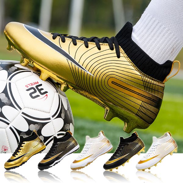 Vestido sapatos de luxo de futebol de ouro de luxo spikes botas de futebol infantil garotas de grama ao ar livre, garotos de grama de treinamento 230512