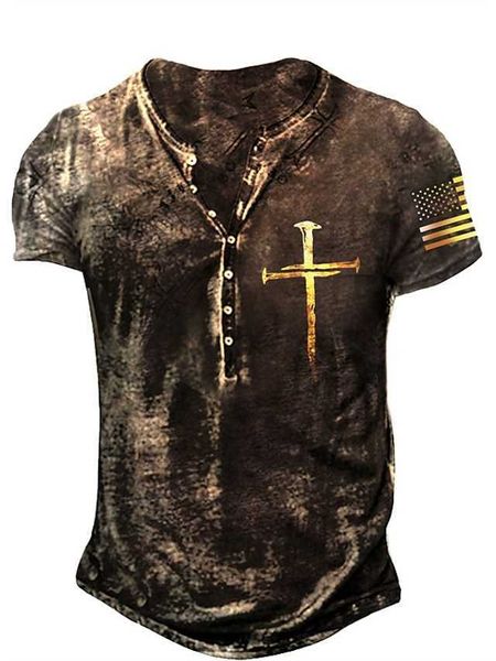 RUKAS Henley Shirt T-shirt Graphic Cross American Flag Henley Flag Nero/Bianco Blu Grigio Chiaro Stampa 3D Large Outdoor Casual/Estate/Estate