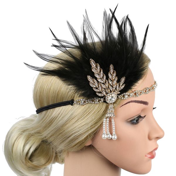 Haargummibänder 1920er Klapper Stirnbandfeder Kopfstück Roaring 20s Great Gatsby Inspired Blattmedaillon Perlen Frauen Accessoires 230512