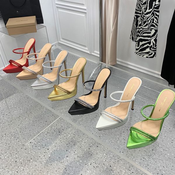 Neueste Grossi Rossi Plateau-Strass-Hausschuhe, goldene Kalbsleder-Sandalen mit hohen Absätzen, Stiletto-Pantoletten, High Heels, 105 mm Slip-On, offene Spitze, sexy Damen-Designer-Schuhe