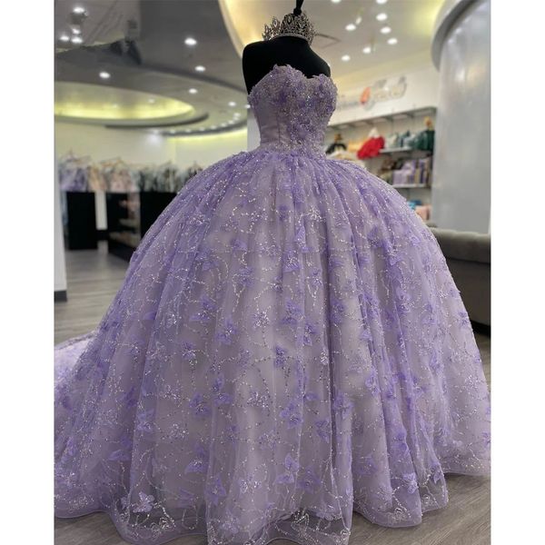 Flieder-Lavendel-Schmetterlings-Schatz-Quinceanera-Kleider, Gillter-Schnürkorsett, Abschlussball, Sweet-16-Kleider, Vestidos de 15