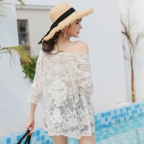 Mulheres femininas Mulheres Mulheres verão 3/4 Mangas CROCHET CARCIGAN LACE OPEN FRONTE PARA BONDO ALTO FLORAL KIMONO COBLEIR