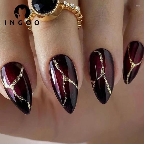 Unghie finte 24Pcs Riutilizzabile Stick On Fake Nail Y2k Nero Rosso Gotico Almond Press Medium Gold Mirror Powder Line Con Colla