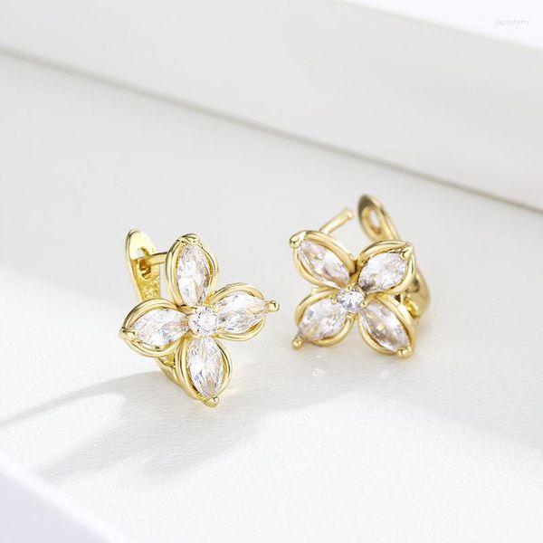 Orecchini a bottone Marquise Cross CZ Flower Four Petal Clover Fibbia francese per le donne Gioielli in ottone color oro giallo Aros Aretes