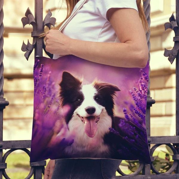 Borse per la spesa Casual Dog Cute Scotland Border Collie Borsa da donna Fashion Pet Animal Tote Borsa a tracolla per studenti Pieghevole Riutilizzabile