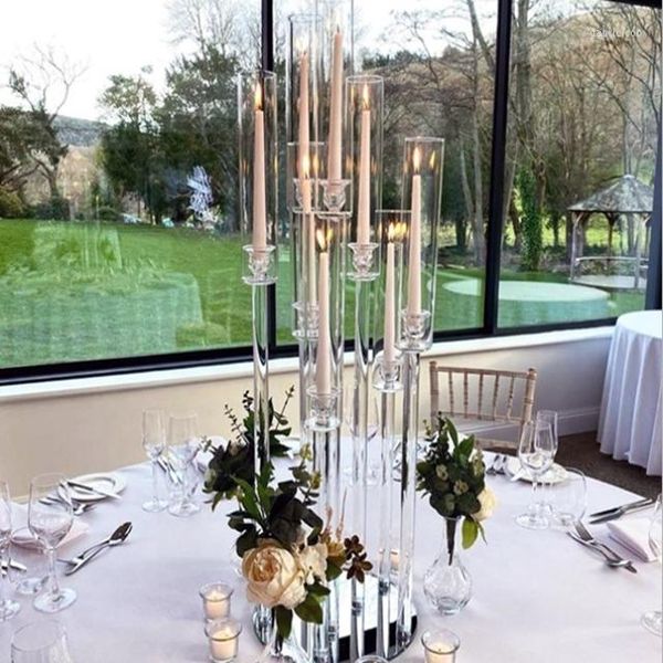 Kerzenhalter 10 Stück) Dekoration Mittelstücke Acrylrohrhalter 8 Arme hoch Kristall Hochzeitskandelaber mit Lampenschirm zum Verkauf