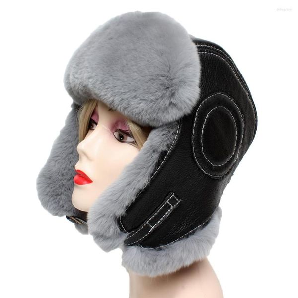 Berets Winter Men's Natural Rex Fur Bomber Hat ushanka Cap русские горнолыжные шапки настоящая овчина кожа