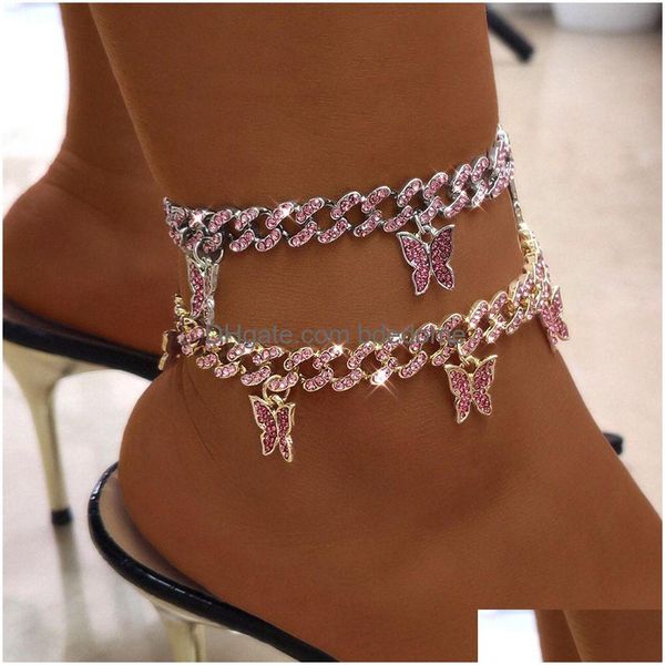 Cavigliere rosa ZC9mm farfalla catena a maglia cubana per donna oro Sie colore metallo Y braccialetto alla caviglia moda gioielli punk