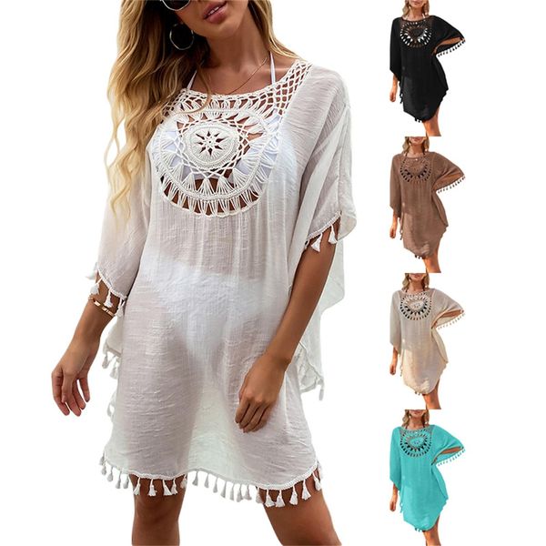 Bademode Damen Quaste Bikini Coverups Sommer Solide Häkelmuster Fledermaus Boho Beachwear Kurzarm Kurzes Strandkleid Badeanzug