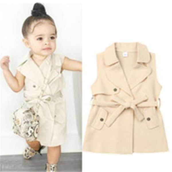 Baumwolle Kinder Mädchen Kleid Umlegekragen Ärmellose Prinzessin Rock Gürtel Bowknot Kleinkind Baby Kleider Kinder Kleidung