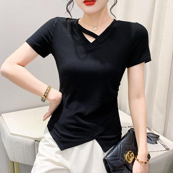 T-shirt da donna # 6256 Streetwear TShirt Donna con scollo a V T-shirt irregolare femminile Cotone elasticizzato Stile coreano Nero Blu Viola