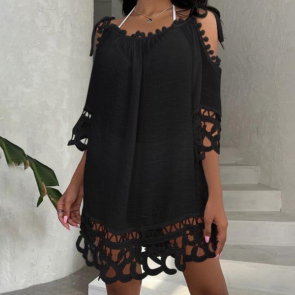 Cover-up New Hot Summer Lace Croche Mulheres sexy Crochet Bikini Cover Up Floral Branco Preto Maiô Praia Terno Vestido de Verão Tops